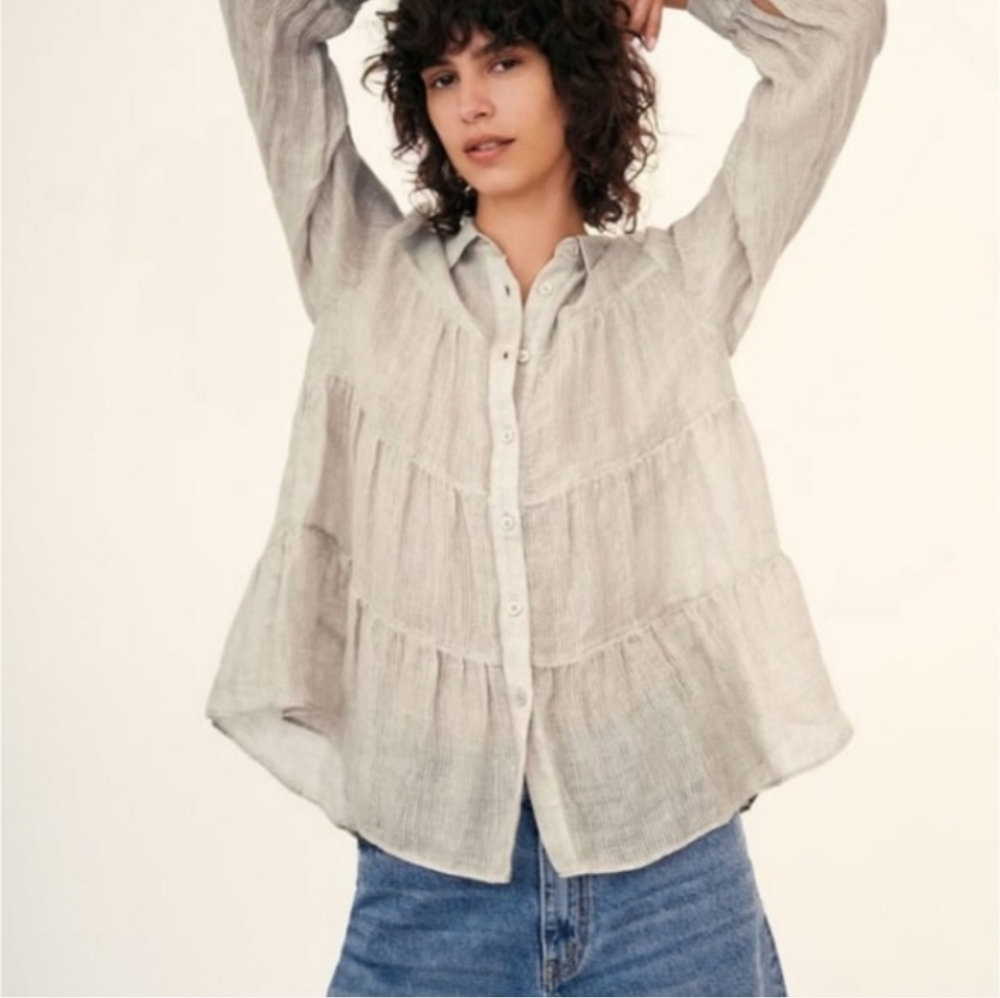 Zara 100% Linen Lightweigth Tiered Button-Front Blouse Size XL